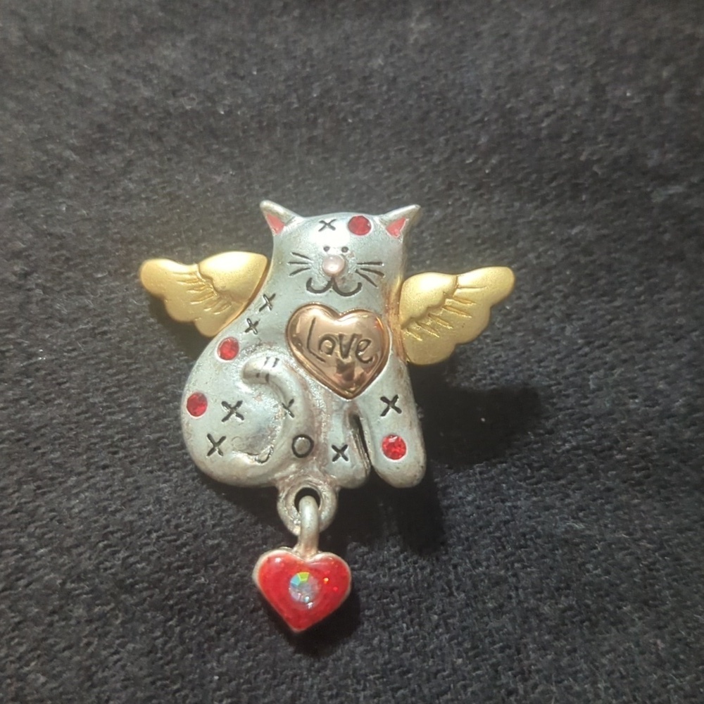 AJMC Silver and Gold Tone Kitty Cat with Wings and Heart Dangle Statement Brooch